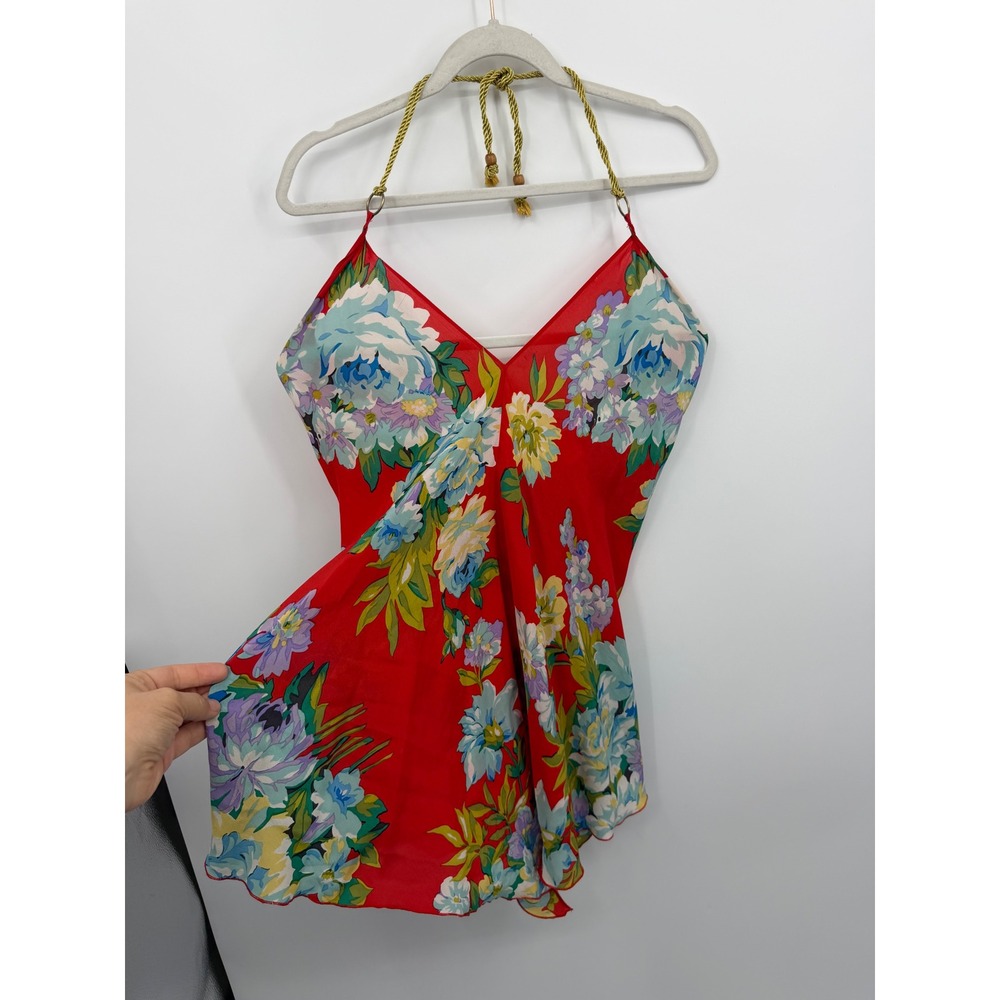 Kimchi & Blue Floral Halter Top Women S/M Red 100% Silk Rope Tie V-Neck Boho